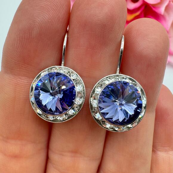 Vintage Rivoli Crystal Headlight Halo Stud Earrings Purple Sparkling Dazzling - Picture 3 of 12